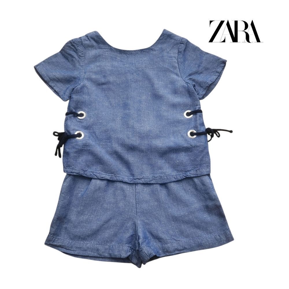Zara Little Girls Romper Blue Lace Sides Shirt/Short 100% Cotton Size 4T Kids